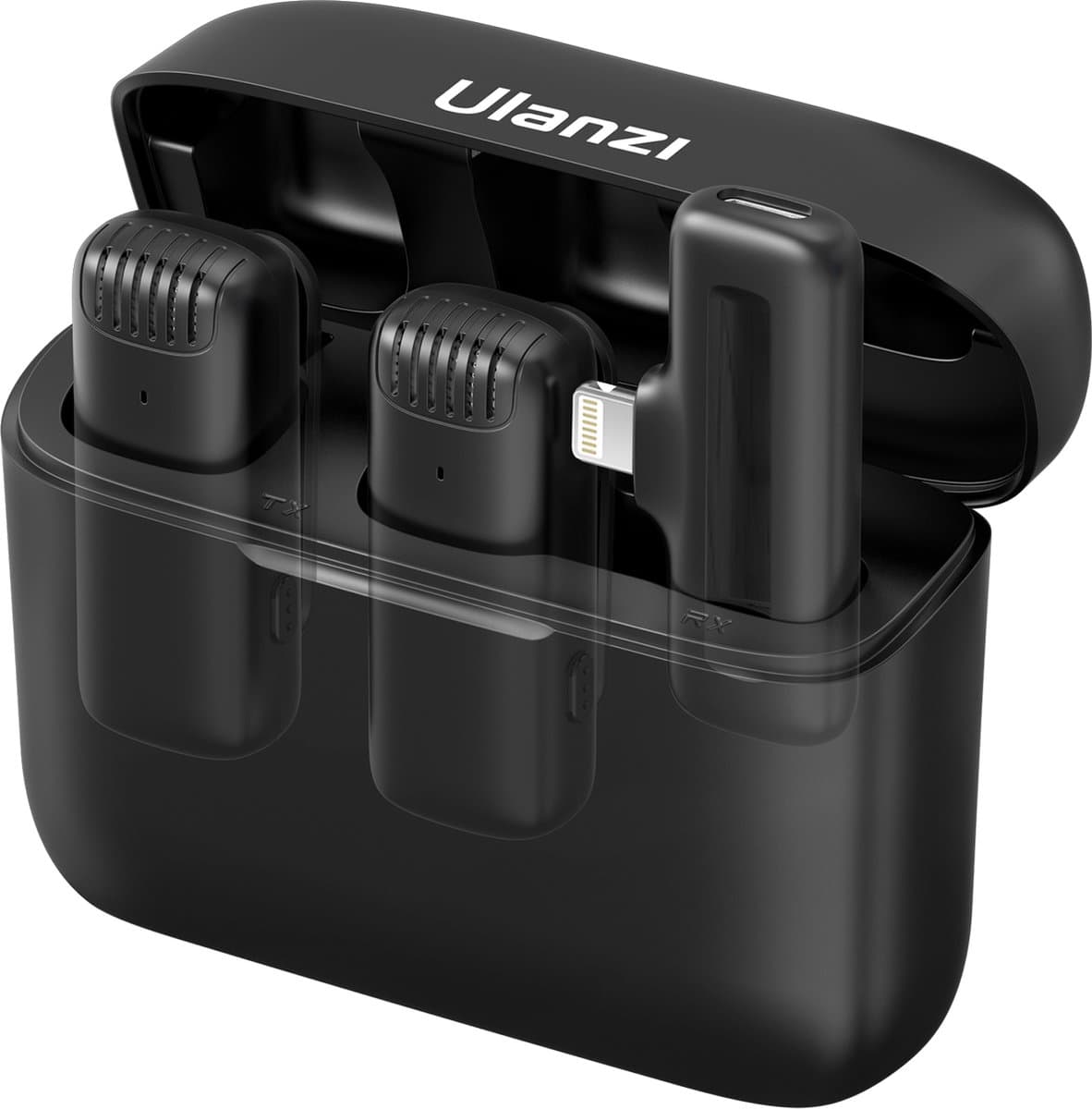Ulanzi J12 Draadloze smartphone microfoon - Apple Lightning - 2 stuks - Lavalier met oplaadbox - Voor o.a. iPhone 14, 13, 12, 11 - Microfoon voor telefoon / tablet - Plug & Play - Zwart — afbeelding 1