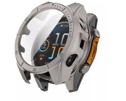 Strap-it Hard case hoesje met ingebouwde screen protector - geschikt voor de Garmin Fenix 8 - 47mm AMOLED (titanium kleur met blauwe accenten)