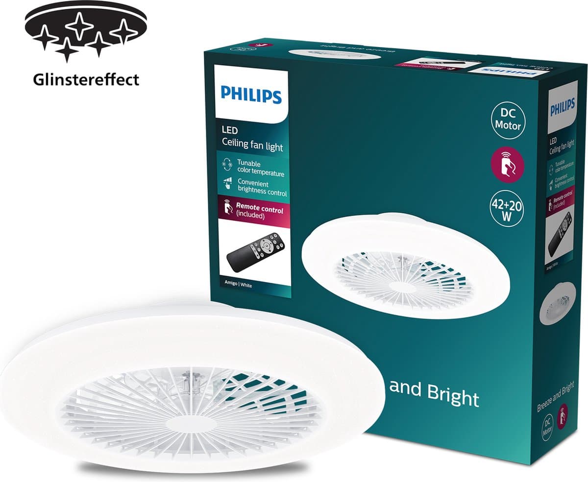 Philips Amigo Ventilator - Energiezuinige LED verlichting - Plafondlamp - Instelbare kleurtemperatuur - 48,5 cm diameter -Afstandsbediening - Wit met glinstereffect — afbeelding 1