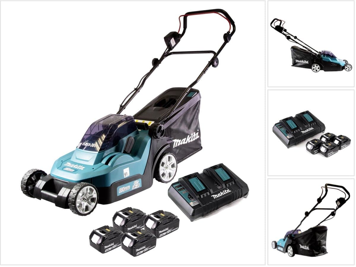 Makita DLM 382 PM4 accu grasmaaier 36 V ( 2x 18 V ) 38 cm 40 l + 4x accu 4.0 Ah + dubbele lader — afbeelding 1