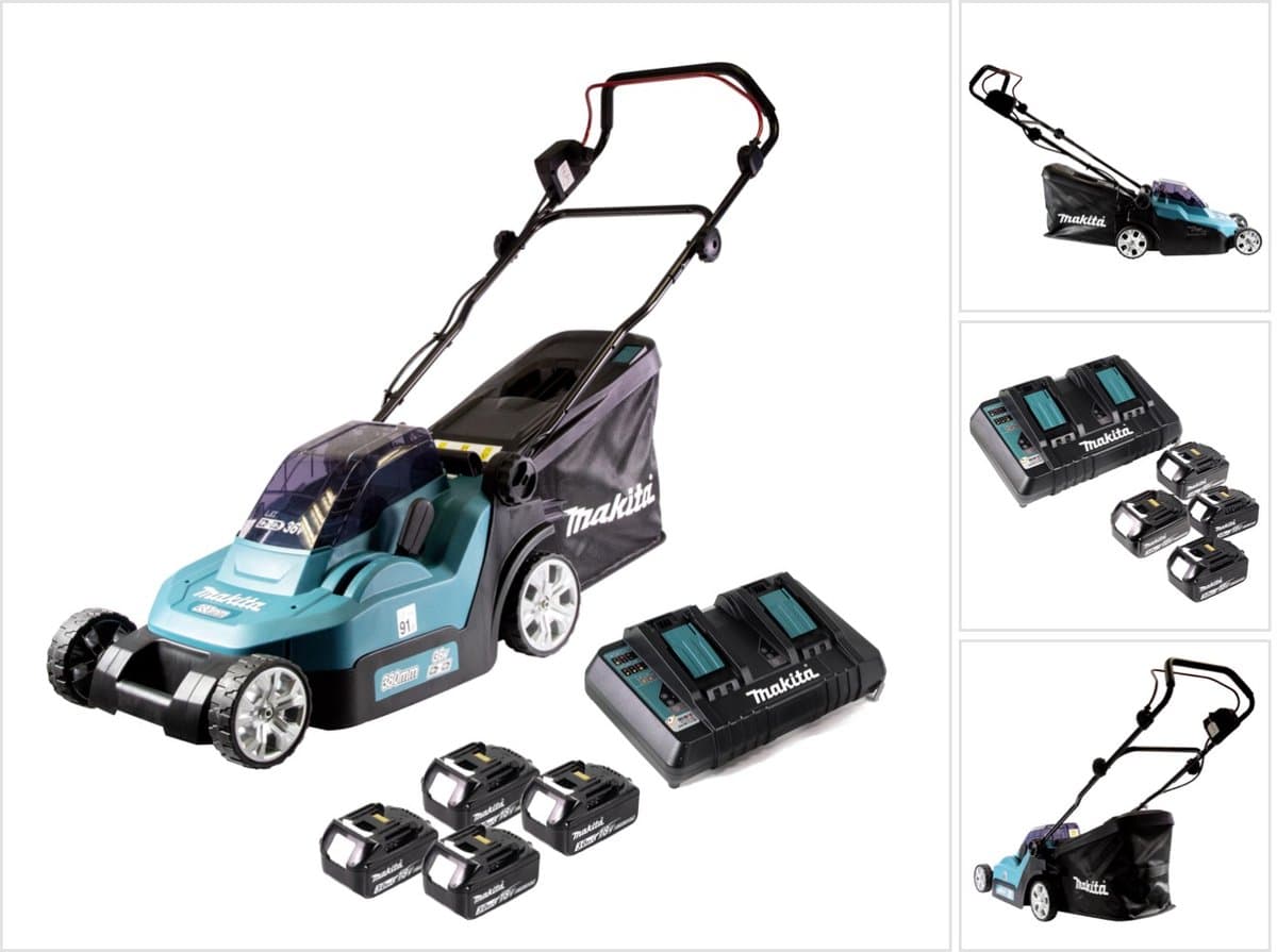 Makita DLM 382 PF4 accugrasmaaier 36 V ( 2x 18 V ) 38 cm 40 l + 4x accu 3.0 Ah + dubbele lader — afbeelding 1