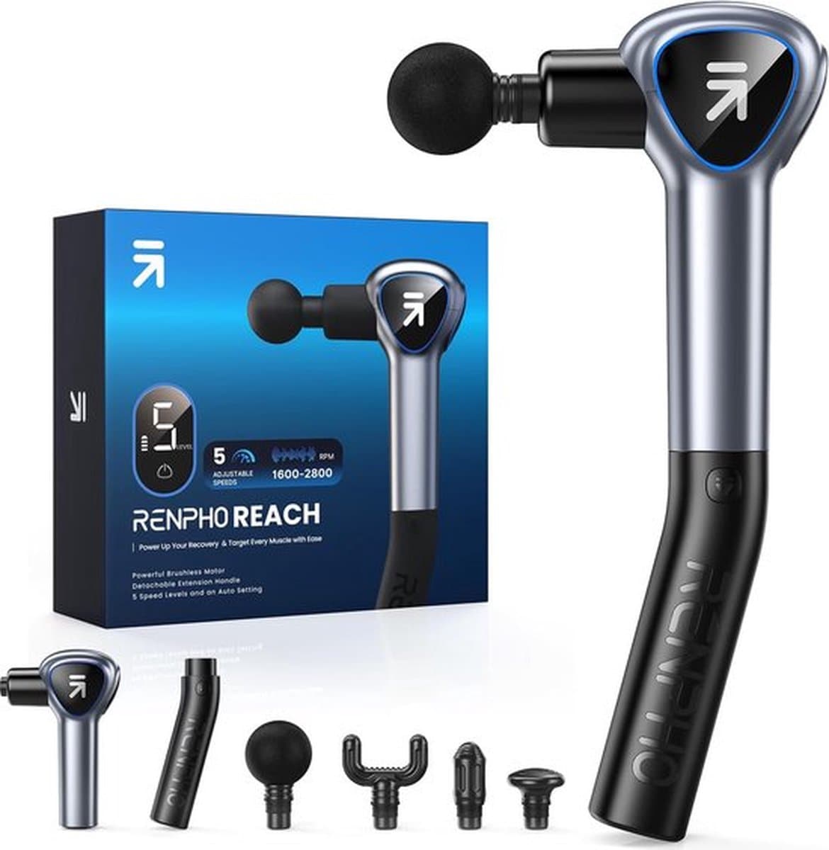 Massagepistool met Afneembare Handgreep, RENPHO Massage Gun met Uitbreidingshandvat, Muscle Massagepistole Deep Tissue met Aanraakbaar LED Scherm voor Thuistraining Full Body Muscle Massage Relax — afbeelding 1