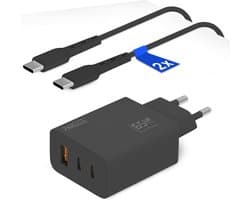 65W USB-C Oplader met 3 Poorten (2x USB-C + 1x USB-A) – Inclusief 2x USB C naar USB-C Kabels – Snellader voor Laptop en Telefoon