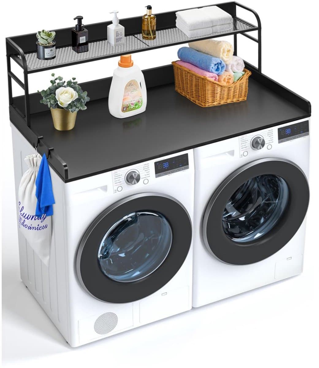Wasmachine en Droger Werkblad - Overbouwrek met 2-Laags Plank - 137 x 70 x 41,9 cm - Antislip Pads - Waterbestendig - Zwart — afbeelding 1