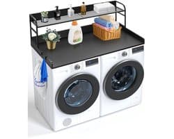 Wasmachine en Droger Werkblad - Overbouwrek met 2-Laags Plank - 137 x 70 x 41,9 cm - Antislip Pads - Waterbestendig - Zwart