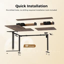 Elektrisch Staand Bureau L-Vormig met Laden 160x140 cm – In Hoogte Verstelbaar Hoekbureau met Opbergruimte, Ergonomisch Zit-Sta Bureau voor Thuiskantoor – Massief Bruin Hout & Stalen Frame – HomeByNicole — thumbnail 3