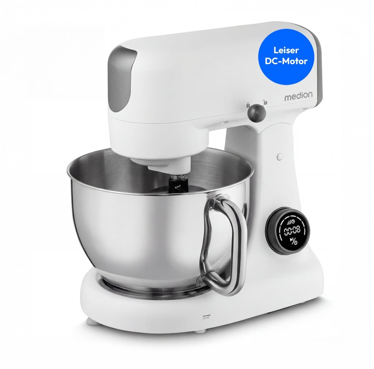 MEDION keukenmachine met hakmolen (800 watt, gelijkstroommotor, roestvrijstalen kom van 4,6 liter, energiebesparend, ultrastil, digitaal sensor-touch-display, MD12600) Wit — afbeelding 1