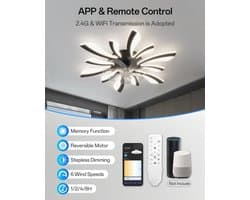 Smart plafondventilator met verlichting en WiFi bediening, compatibel met Alexa en Google Home