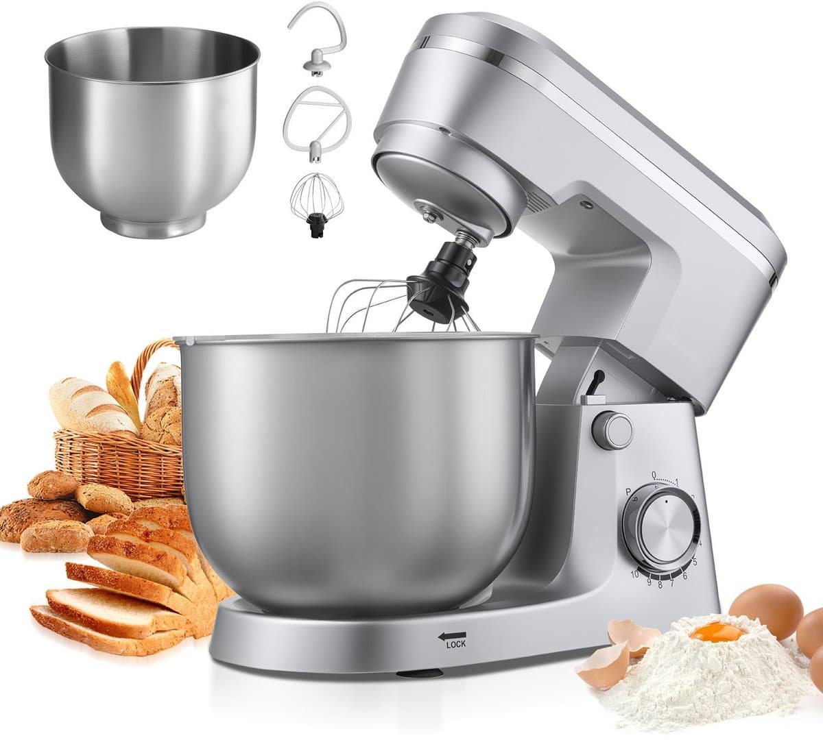 Keukenmachine Staande Mixer - Planetaire Deegmixer - 1500W Vermogen - RVS Kommen 4,2L + 5,7L - 10 Snelheden - Kantelbare Kop - Met Deeghaak, Garde en Klopper — afbeelding 1