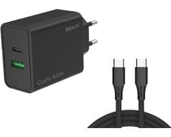 Ntech - USB C Adapter 45W & USB-A 18W - USB C Oplader Zwart - Inclusief USB-C Kabel 1 Meter - USB C Snellader - USB C Lader - Universeel o.a. Telefoons & Laptops