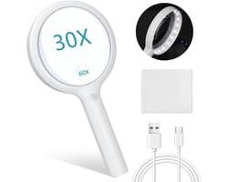 Vergrootglas met Licht - 30X Leesvergrootglas voor Senioren en Kinderen - Oplaadbare USB en 3 Lichtmodi