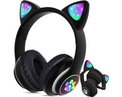 Hoofdtelefoon met kattenoortjes, Bluetooth stereo hoofdtelefoon, met ledverlichting en microfoon, RGB gaming hoofdtelefoon, over-ear model, zwart.