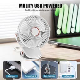 Draagbare Klemventilator met 5 Snelheden en 720 Graden Draaibaar, Oplaadbaar en Stil voor Thuis en Kantoor — thumbnail 3
