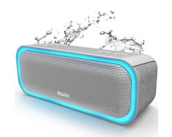 DOSS Bluetooth-luidspreker, draagbaar, draadloos, met krachtige bas, IPX6 waterdicht, veelkleurige verlichting, batterijduur 20 uur, dubbele stereo-koppeling, grijs