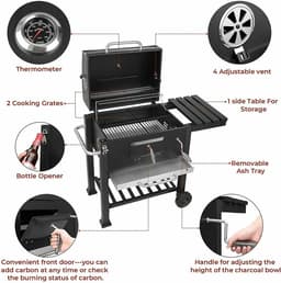 DoneMore® - Houtskool Barbecue Grill - Verrijdbare BBQ met 2 Wielen - verstelbare temperatuur - XL grilloppervlak - Zwart Staal - 113×53,5×100 cm — thumbnail 5