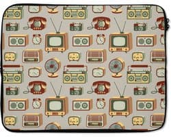 Laptophoes 17 inch - Radio - Telefoon - Retro - Patroon - Laptop sleeve - Binnenmaat 41x28 cm - Zwarte achterkant