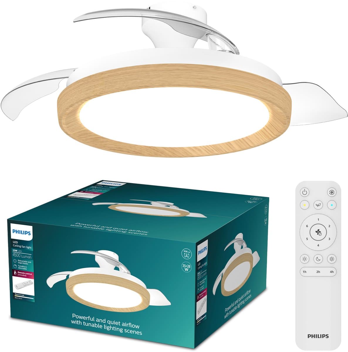 Philips Bliss Plafondventilator met ingebouwde LED-lamp - 3 Intrekbare bladen, diameter: 106cm - 4500 Lumen - Instelbaar wit licht van 2700K tot 6500K - Dimbaar tot 5% - Afstandsbediening - Hout — afbeelding 1