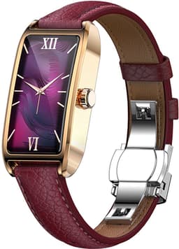WizBay Premium Select® 1.13 Inch AMOLED Smartwatch Goud met Paars Leren Band – Hartslag, Bloeddruk SpO₂ Monitoring – Fitness Tracker – Elegant Vierkant Design – Android iOS — thumbnail 1