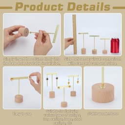 Oorbellen Stand - 3 Delige Gouden Metalen T-Vormige Houder - Houten Basis voor Sieraden — thumbnail 4