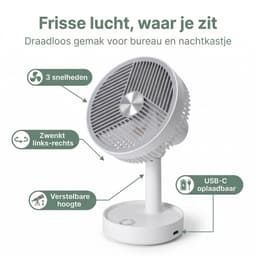 Cheqo® Tafelventilator - Bureauventilator - Mini Ventilator - USB Ventilator - Oplaadbare Ventilator - Draadloze Ventilator - Ventilator op Bureau - Witte Tafelventilator — thumbnail 4