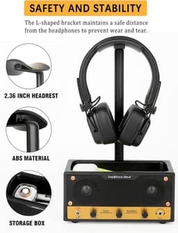 Hoofdtelefoon Standaard - Headset Houder - Bureau Organisatie - 2-in-1 Design - 18x6x8 cm - Zwart Goud — thumbnail 3