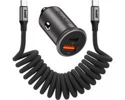 Buddi Power USB - C Autolader & USB - A + C Poort met USB-C naar USB-C Krulsnoer Kabel | snelladen 45W | Compact formaat | Telefoon oplader voor in de auto | Geschikt voor sigarettenaansteker