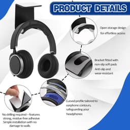 Set van 2 Hoofdtelefoonhouders voor Bureau en Muur, Zelfklevende Headset Standaard - Zwart — thumbnail 2