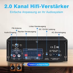 Bluetooth 5.0 Stereo Versterker Mini Audio Power Amplifier met Bass, AUX, RCA, USB en FM Radio — thumbnail 4
