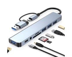 Hearyoo USB C Hub 8-in-2 – Docking Station met USB 3.0 5Gbps, 4 USB Poorten, SD/TF Kaartlezer en 3.5mm Audio – Voor Laptop, Tablet en Smartphone