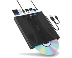 Gloovon 7-in-1 Externe DVD/CD Speler & Brander - USB 3.0 & USB-C - Met USB Hub, SD & TF Kaartlezer - Universele Laptop & MacBook Drive - Zwart