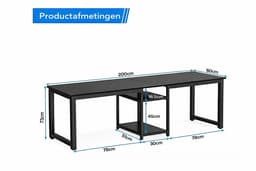Van Elmont Bureau - Dubbel Lang Bureau voor twee personen met opbergruimte - Computerbureau - Computertafel - Metaal / Hout - Industrieel Design - Bureautafel voor Thuiskantoor - Zwart - 60 x 200 x 75 cm - voor Gamen - Studeren en Werken — thumbnail 2