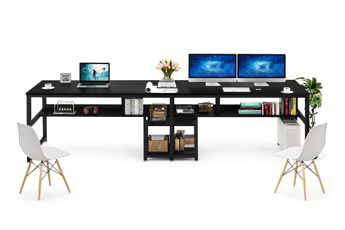 Van Elmont Bureau - Dubbel Lang Bureau voor twee personen met opbergruimte - Computerbureau - Computertafel - Metaal / Hout - Industrieel Design - Bureautafel voor Thuiskantoor - Zwart - 60 x 200 x 75 cm - voor Gamen - Studeren en Werken — afbeelding 1