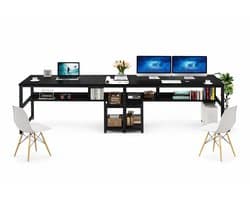 Van Elmont Bureau - Dubbel Lang Bureau voor twee personen met opbergruimte - Computerbureau - Computertafel - Metaal / Hout - Industrieel Design - Bureautafel voor Thuiskantoor - Zwart - 60 x 200 x 75 cm - voor Gamen - Studeren en Werken
