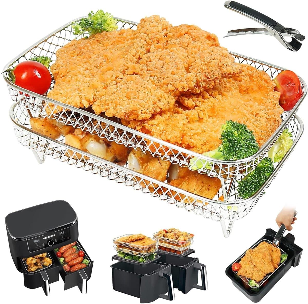Allecto Premium - Airfryer racks groot roestvrijstalen rek voor dubbele lade airfryers met clip - Accessoires voor extra ruimte - Geschikt voor XL friteuses - Inclusief dubbele paal - 2 lagen - Voor Ninja, Tower, Instant Vortex, en meer — afbeelding 1