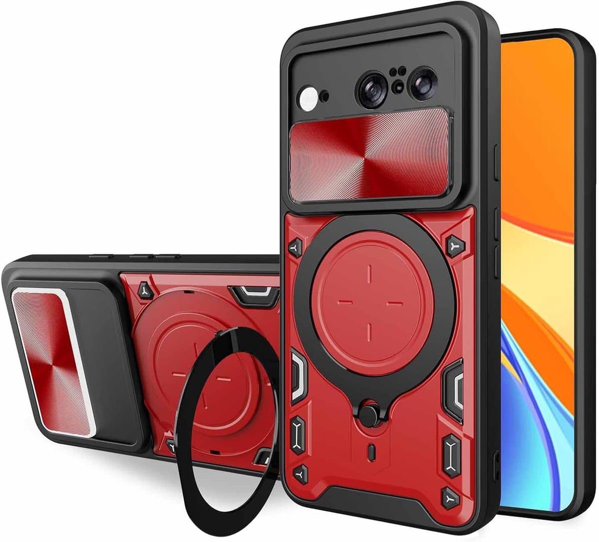 Allecto Plus - Case voor Google Pixel 8 - Schokbestendige Hoes met Onzichtbare Ringhouder en Schuifbare Camera Cover - Dubbellaagse Silicone TPU + PC Hoes - Rood — afbeelding 1