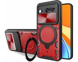 Allecto Plus - Case voor Google Pixel 8 - Schokbestendige Hoes met Onzichtbare Ringhouder en Schuifbare Camera Cover - Dubbellaagse Silicone TPU + PC Hoes - Rood