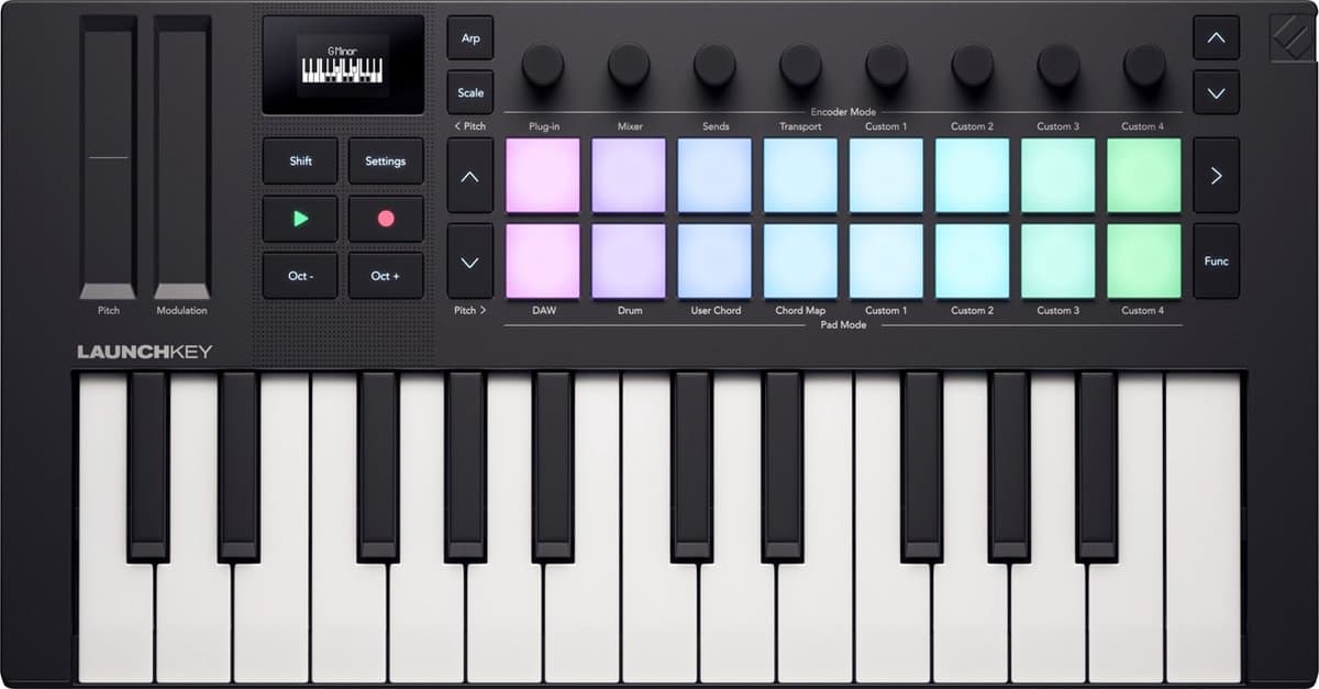 Novation Launchkey Mini 25 MK4 - Compacte MIDI Keyboard Controller - 25 Mini-Toetsen - 16 FSR Pads - OLED Display - USB — afbeelding 1