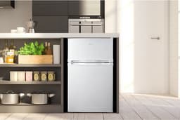 MEDION mini-koelvriescombinatie (85 liter, 61 liter koelruimte, 24 liter vriesruimte, vrijstaand, 40 dB, transparante groentelade, deurscharnieren kunnen worden verwisseld, MD 37689) grijs — thumbnail 5