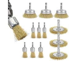Set van 12 Messing Borstels voor Boormachine - Borstels voor Schoonmaken van Roest, Verven en Afschilfers met 6.35 mm Shank