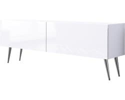 Tv-kast - Media meubel - Opbergen apparatuur - Twee deuren legplanken - 140 cm breed - Wit chroom