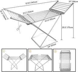 Opvouwbaar droogrek - Wasdroger rek - Kleding drogen - Elektrisch verwarmd - 16 kg capaciteit - Zilver — thumbnail 3