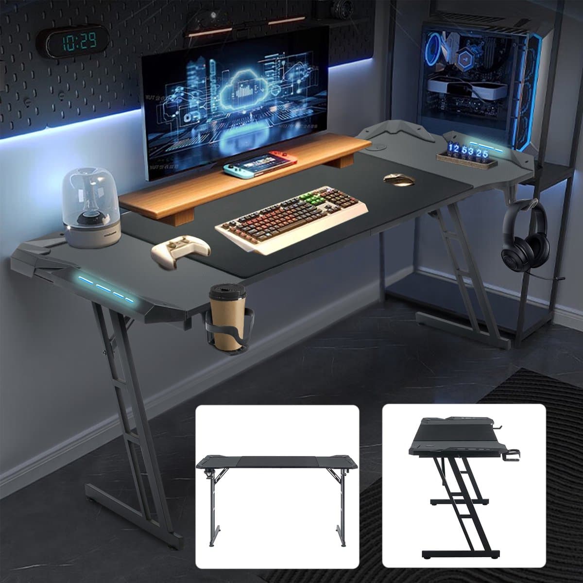 Froadp Gamingtafel 120 x 60 cm LED-gamingbureau Stevige computertafel PC-tafel Zwart met bekerhouder & koolstofvezelcoating 2 kabeldoorvoeren Gamertafel Gaming-bureautafel met LED — afbeelding 1
