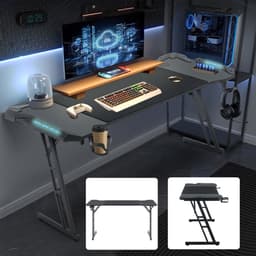Froadp Gamingtafel 120 x 60 cm LED-gamingbureau Stevige computertafel PC-tafel Zwart met bekerhouder & koolstofvezelcoating 2 kabeldoorvoeren Gamertafel Gaming-bureautafel met LED — thumbnail 1