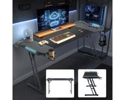 Froadp Gamingtafel 120 x 60 cm LED-gamingbureau Stevige computertafel PC-tafel Zwart met bekerhouder & koolstofvezelcoating 2 kabeldoorvoeren Gamertafel Gaming-bureautafel met LED