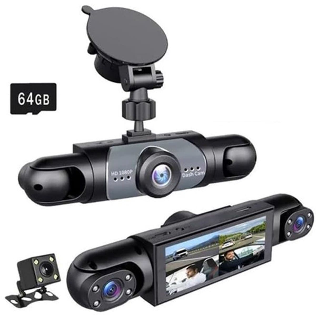 Dashcam met 4 lenzen, 4K 360°, opnamefunctie voor en achter/binnen met nachtzicht, 64GB grafische kaart. — afbeelding 1