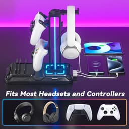 RGB Gaming Hoofdtelefoon- en Controllerhouder – Bureau-Statief met 9 Lichtmodi, 2 USB + 1 Type-C Oplaadpoorten, Compatibel met Smartphones, Tablets en Gamecontrollers — thumbnail 4