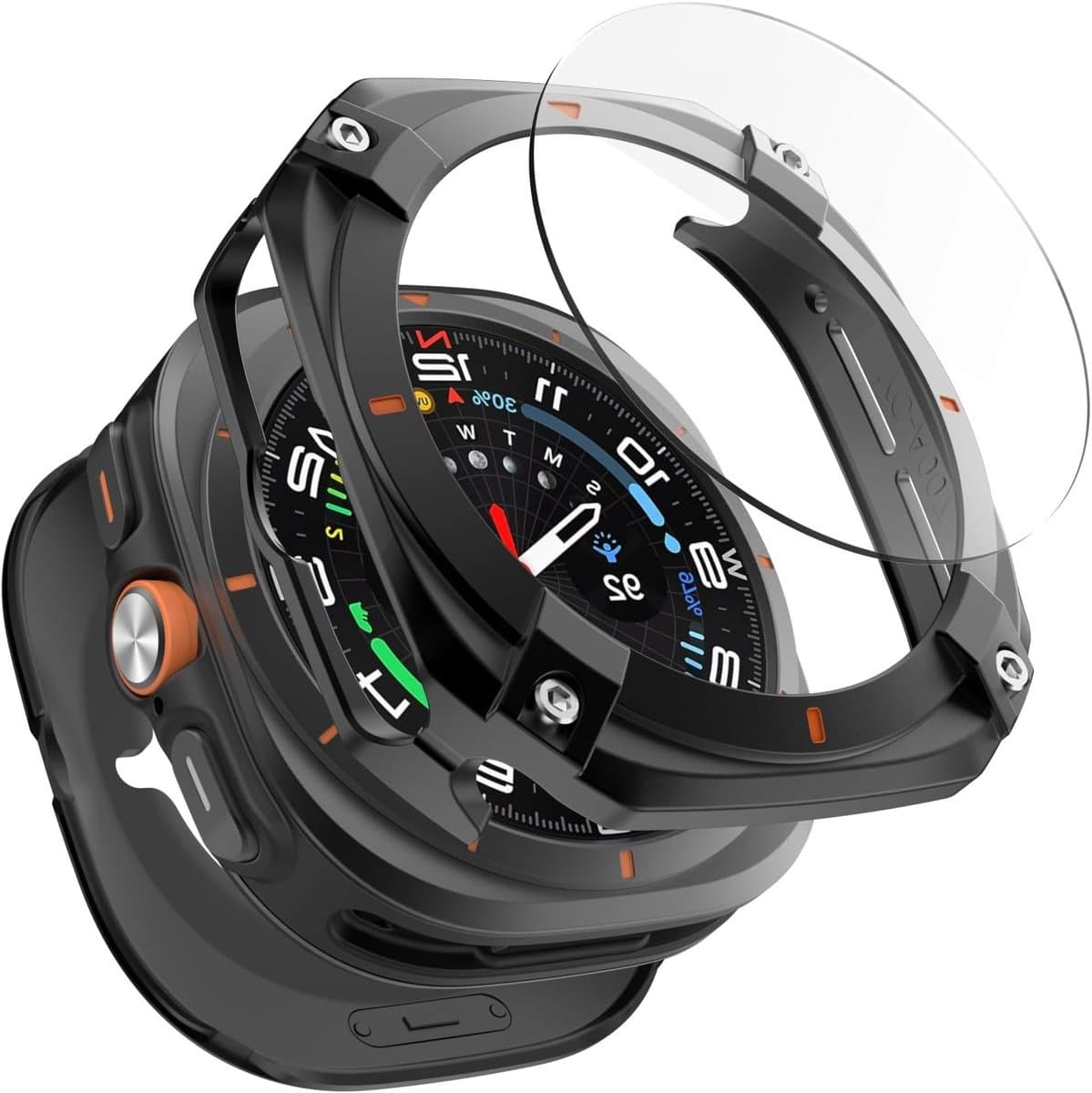 3 in 1 Metalen Hoes voor Samsung Galaxy Watch Ultra 47mm, Stalen Beschermbumper, Harde PC Achterkant en HD Gehard Glas Screen Protector, Zwart/Oranje, Duurzaam en Stijlvol — afbeelding 1