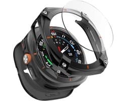 3 in 1 Metalen Hoes voor Samsung Galaxy Watch Ultra 47mm, Stalen Beschermbumper, Harde PC Achterkant en HD Gehard Glas Screen Protector, Zwart/Oranje, Duurzaam en Stijlvol