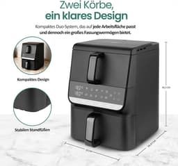 Dubbele Kamer Airfryer - Heteluchtfriteuse XL - Gezond Koken - Sync Finish Functie - 10 Liter Totaal - Zwart — thumbnail 5