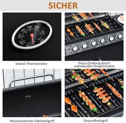 Gasbarbecue - Gasbarbecue en grill - 7 Branders - Met thermometer en mobiele grill - Zwart — thumbnail 4